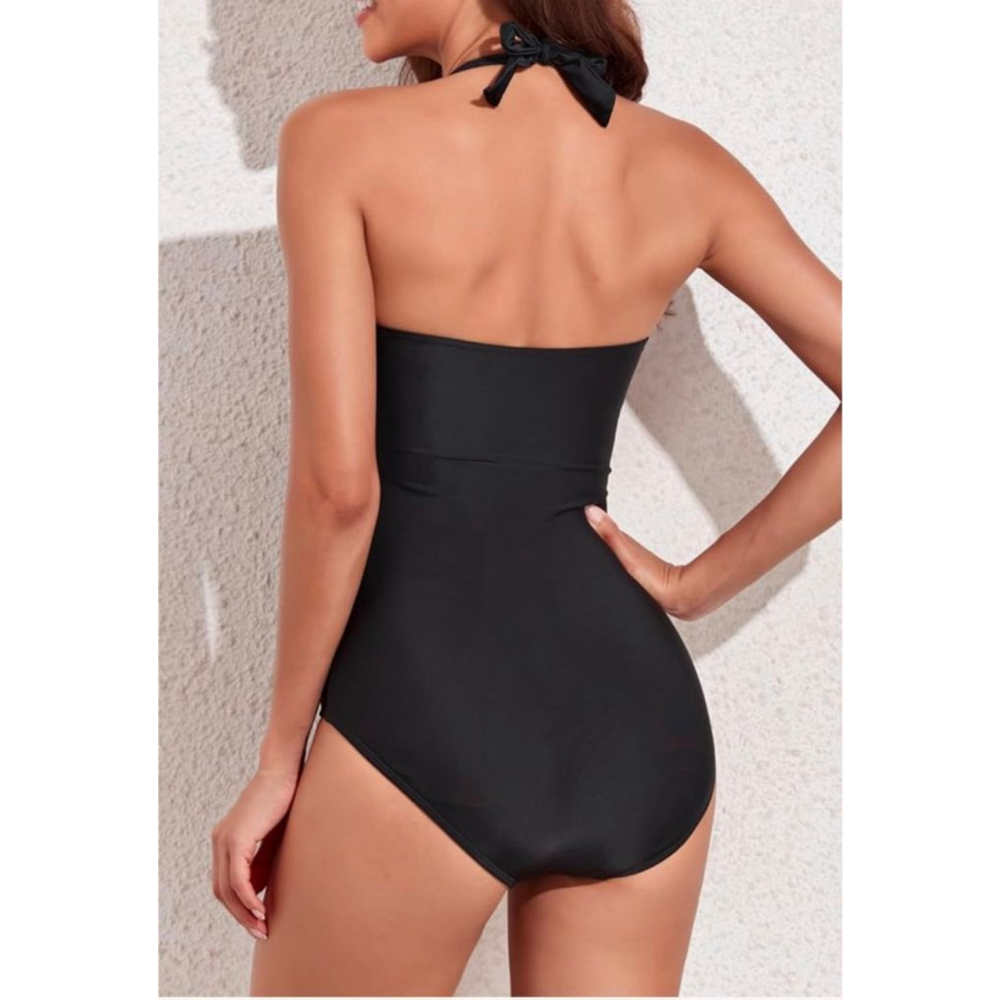 Women's AIMAGE Black Halter Ruched One Piece Swimsuit L - Picture 2 of 10